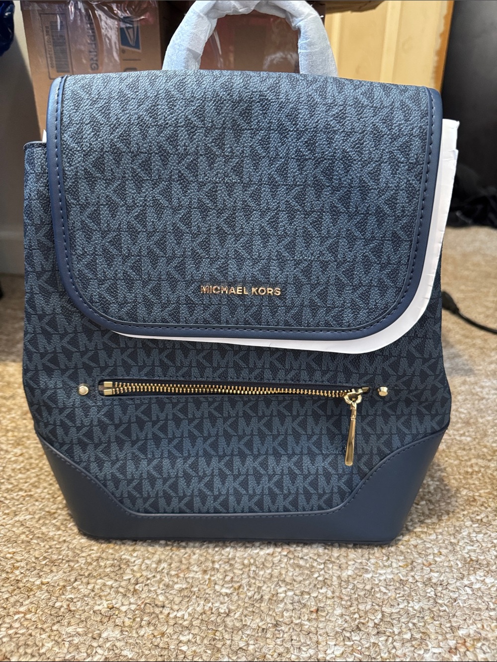 NWT Michael Kors Navy and Dark Blue MK Signature Backpack with Gold Hardware